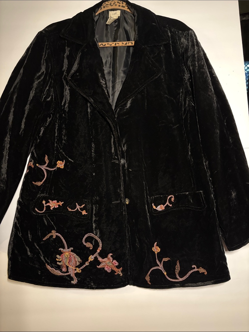 J. Jill Black Velvet Blazer with Pink Floral Embroidery